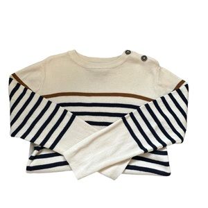 L.O.G.G. Cream Crew Neck Sweater Navy and Tan Stripes Shoulder Button Detail
